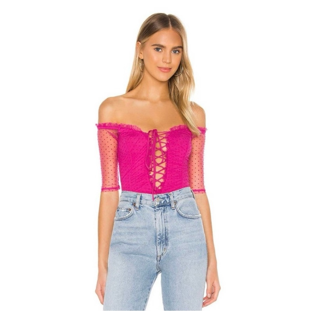 Majorelle Selina Pink Bodysuit Dot Lace Up Off-The-Shoulder Size Medium